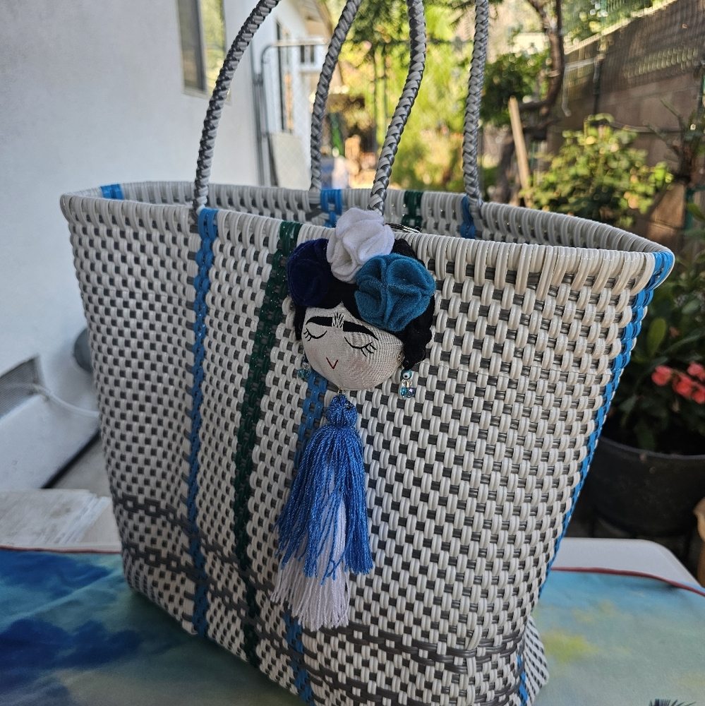 Handcrafted White and Blue Woven Tote Bag